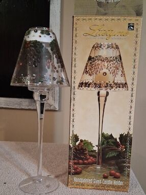 Handpainted Beige Glass Candle Holder with Brown Accents